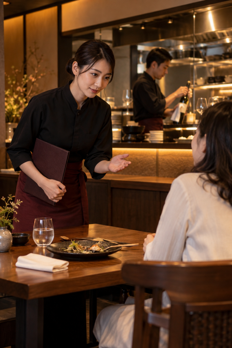 飲食店のスタッフがお客様へワイン提供の状況を案内し、後方で別のスタッフがボトルを準備している場面