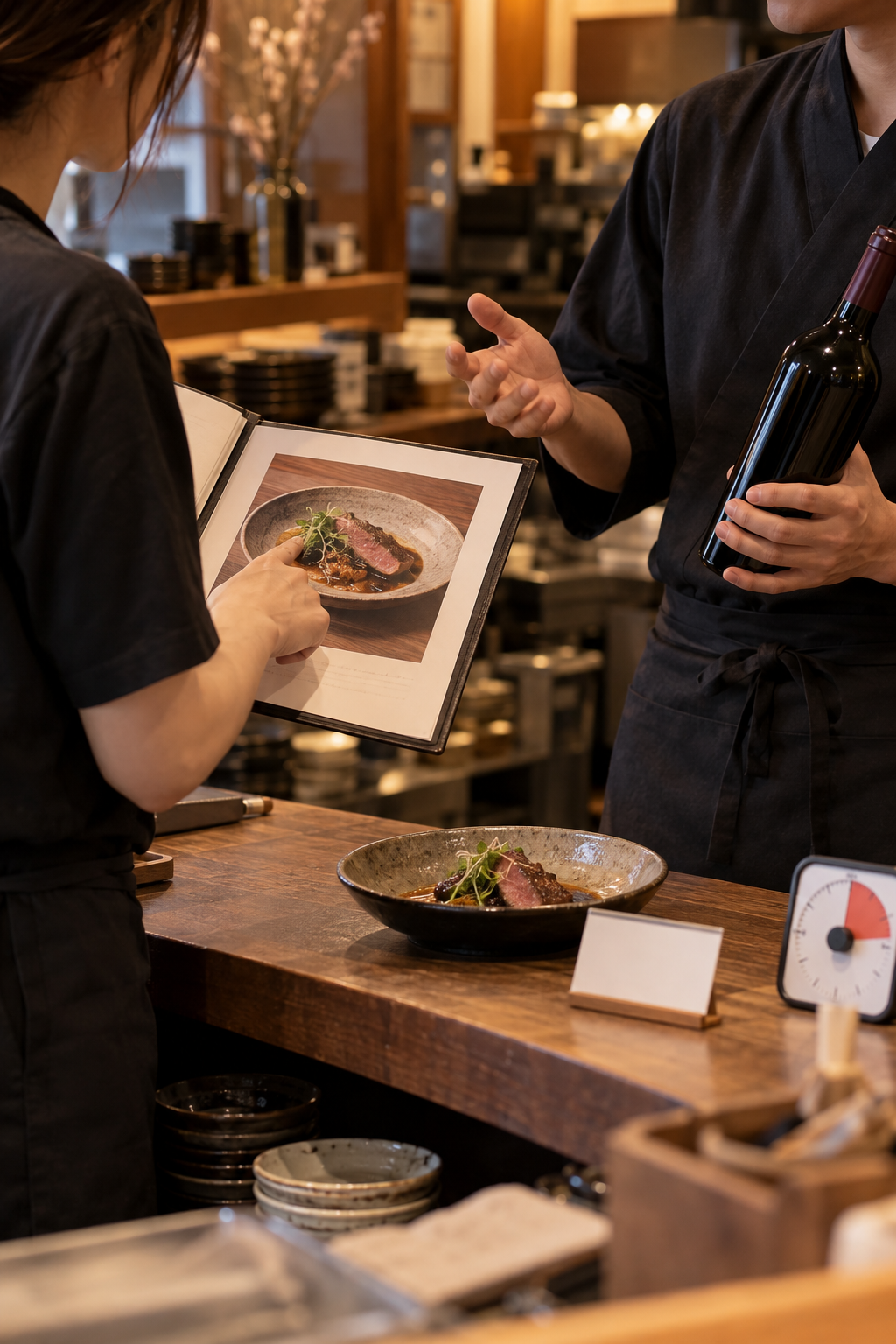 営業前の飲食店で、二人のスタッフが料理写真と無記名ボトルを使い、ワイン接客フレーズを短く言い合って練習している場面