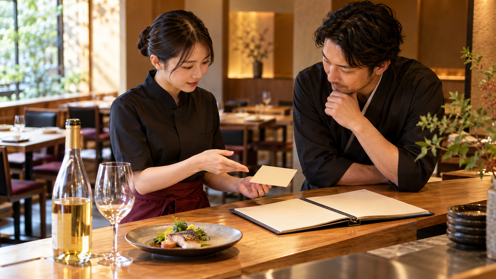 営業前の飲食店で、新人スタッフと店長が質問カード、ワインボトル、グラス、魚料理を見ながら接客練習を確認している場面