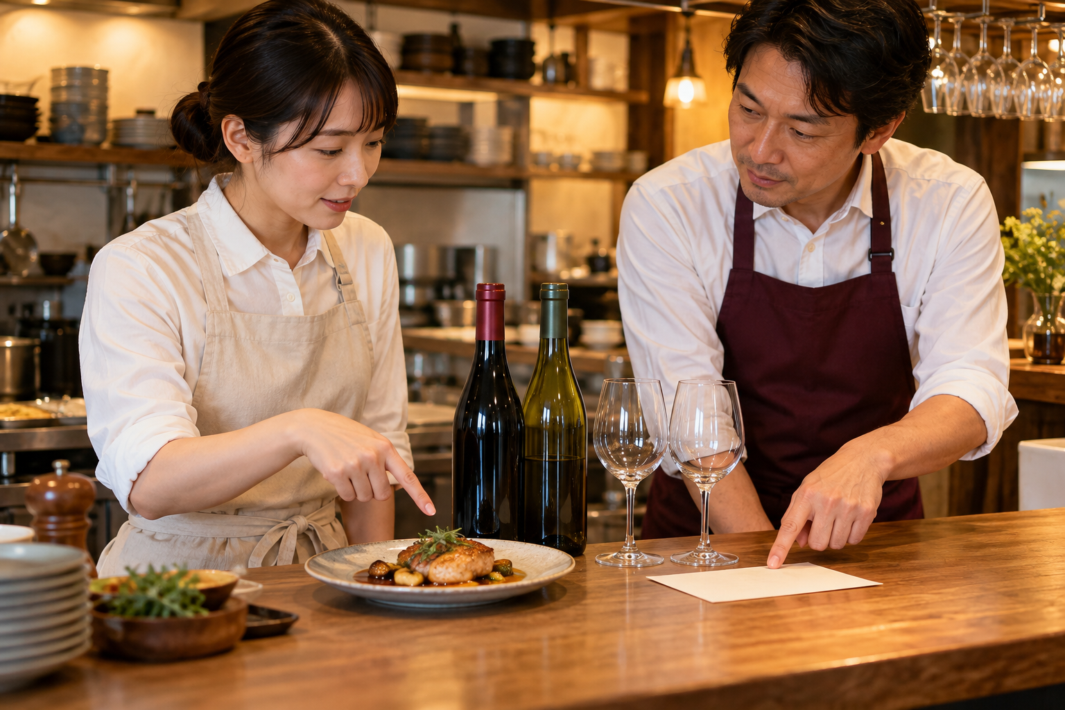 開店前の飲食店で、店長とスタッフが料理、二本のワイン、グラス、無地のメモを前に確認している場面