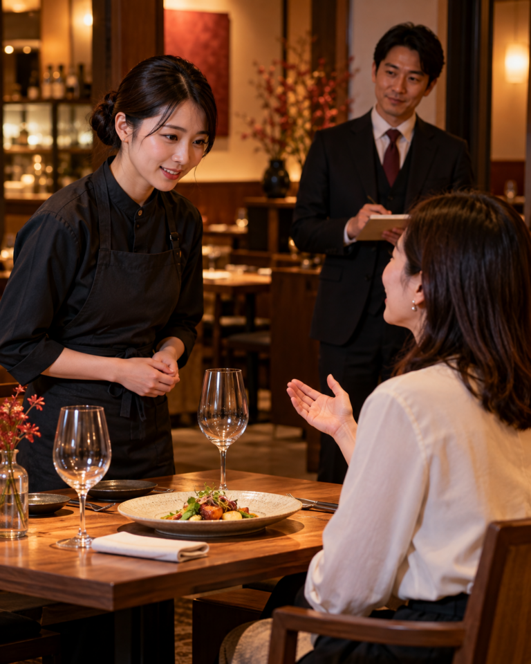 飲食店の客席でスタッフがお客様の希望を聞き、後方の店長が小さなメモを持って見守る場面